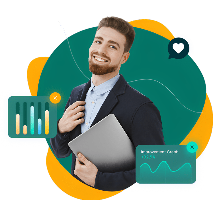 Digital marketing professional holding laptop with analytics dashboard and performance growth charts