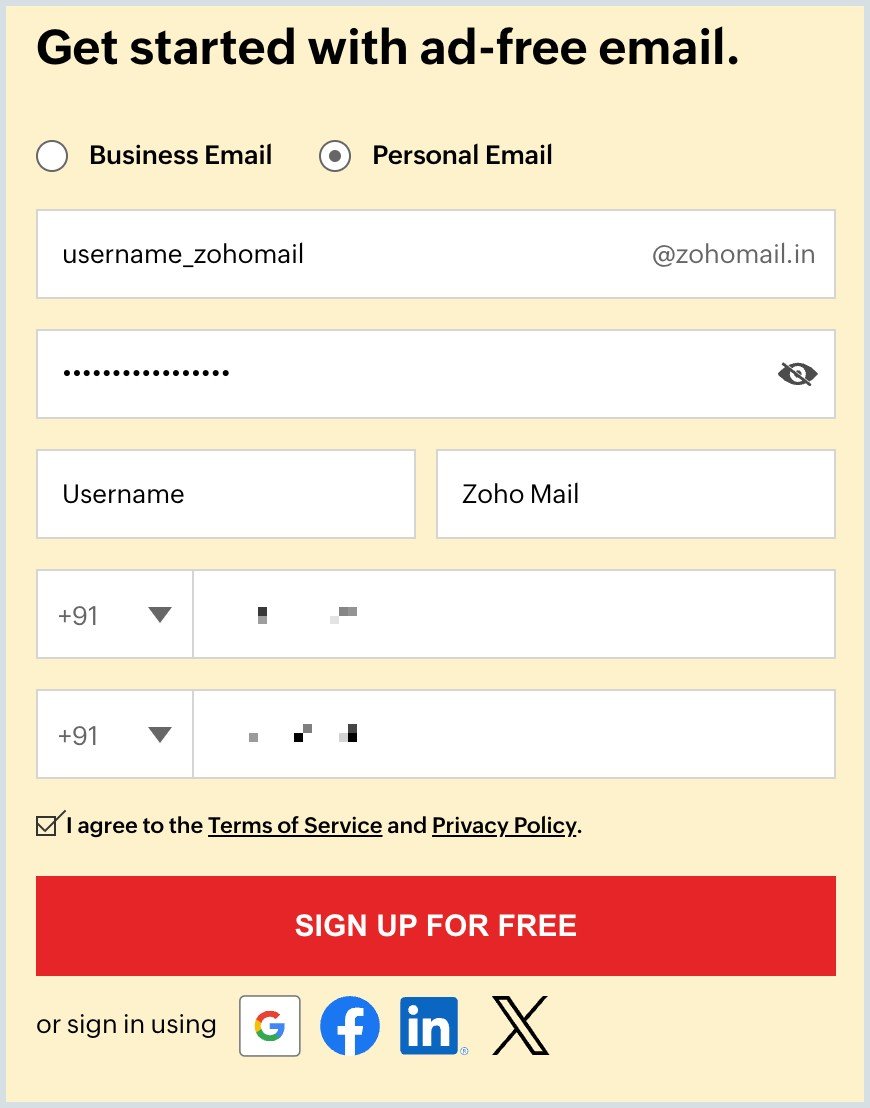 Zoho Mail signup overview